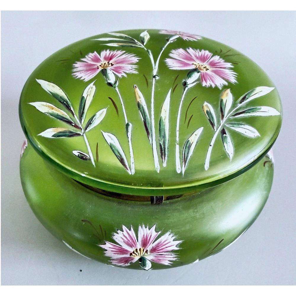 Antique Victorian Green Satin Glass Enameled Trinket Box Hinged Vanity Casket 5"